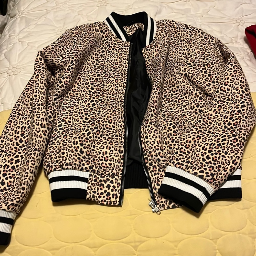 Leopard print varsity zip up jacket with striped hems black and white